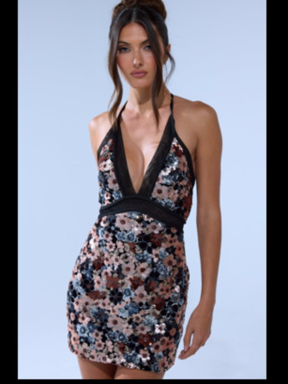 AKIRA Black Velvet Floral Sequin Halter Mini Dress NWT XL
